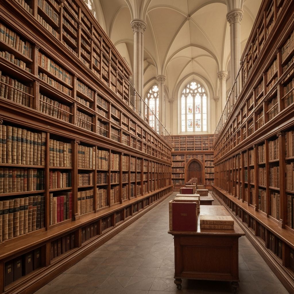 Ancienne bibliothèque avec livres et manuscrits, cadre académique et institutionnel