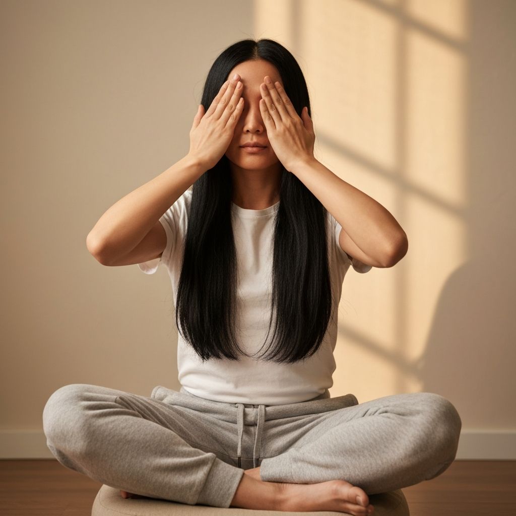 Personne pratiquant la technique de relaxation par occlusion des yeux, expression paisible, éclairage naturel