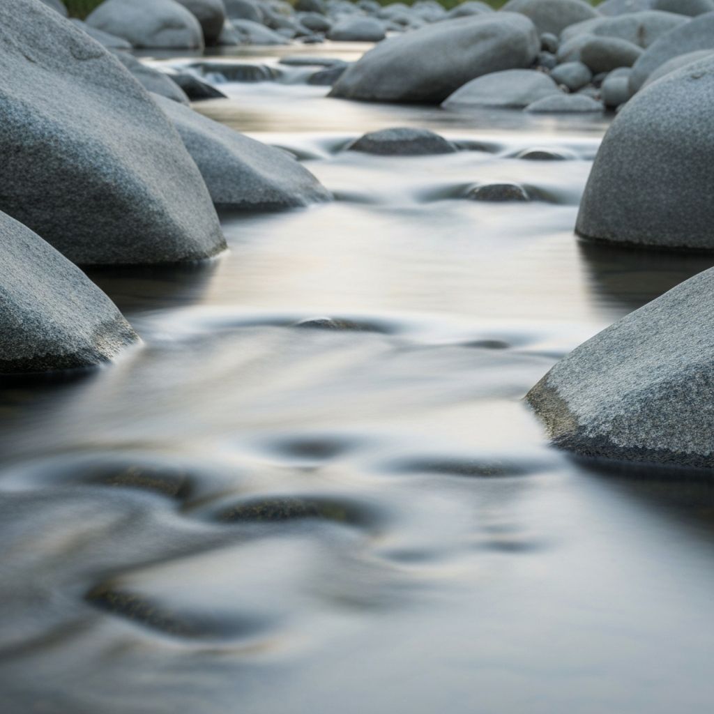 Flux d'eau coulant doucement sur roches, photographie nature floue, élément apaisant